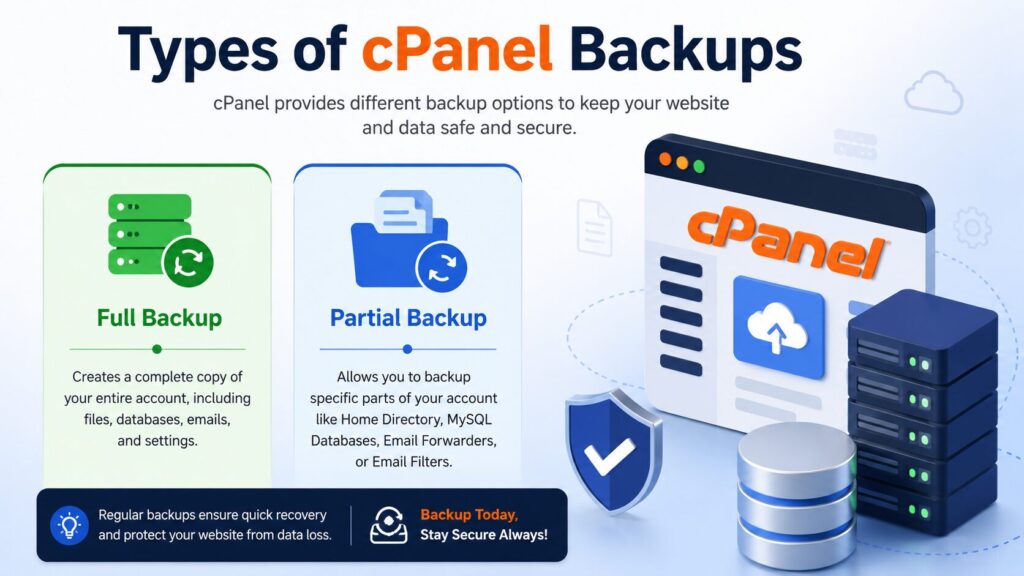 Illustration showing the different types of cPanel backups including Full Backup and Partial Backup with server, cloud backup, and database icons.