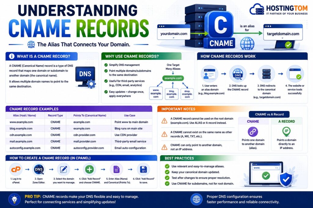 Infographic explaining CNAME records, DNS aliases, how CNAME records work, and how to create a CNAME record in cPanel.