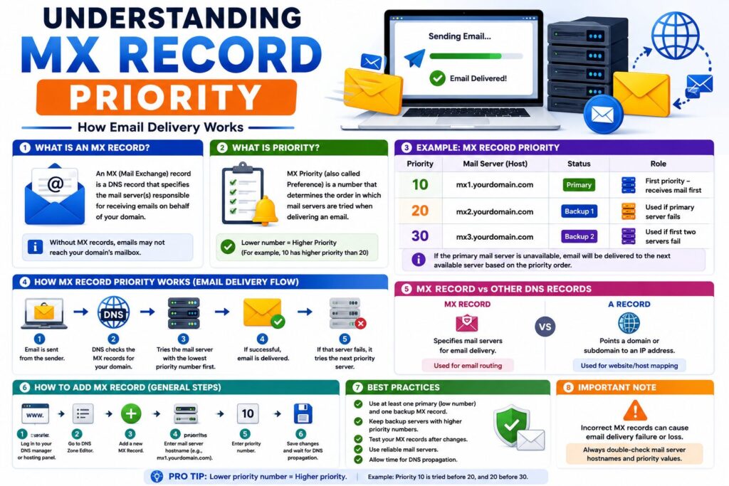 Educational infographic explaining MX Record Priority, email routing, mail server priority values, and DNS email delivery.