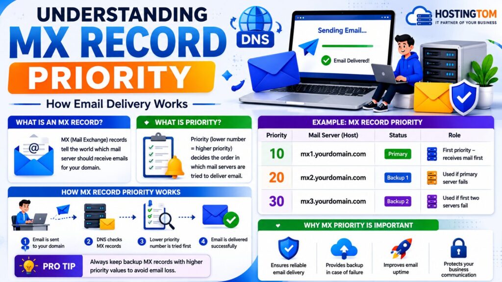 Infographic explaining MX Record Priority, how MX records work, mail server priority values, and email routing for domains.