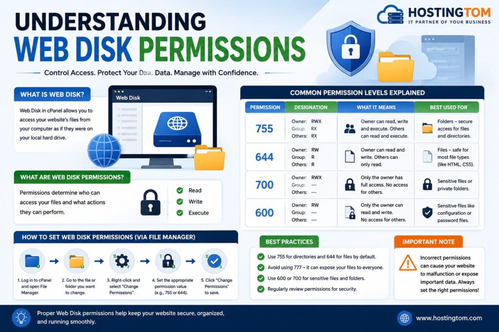 Infographic explaining Web Disk permissions in cPanel, including common permission levels such as 755, 644, 700, and 600.