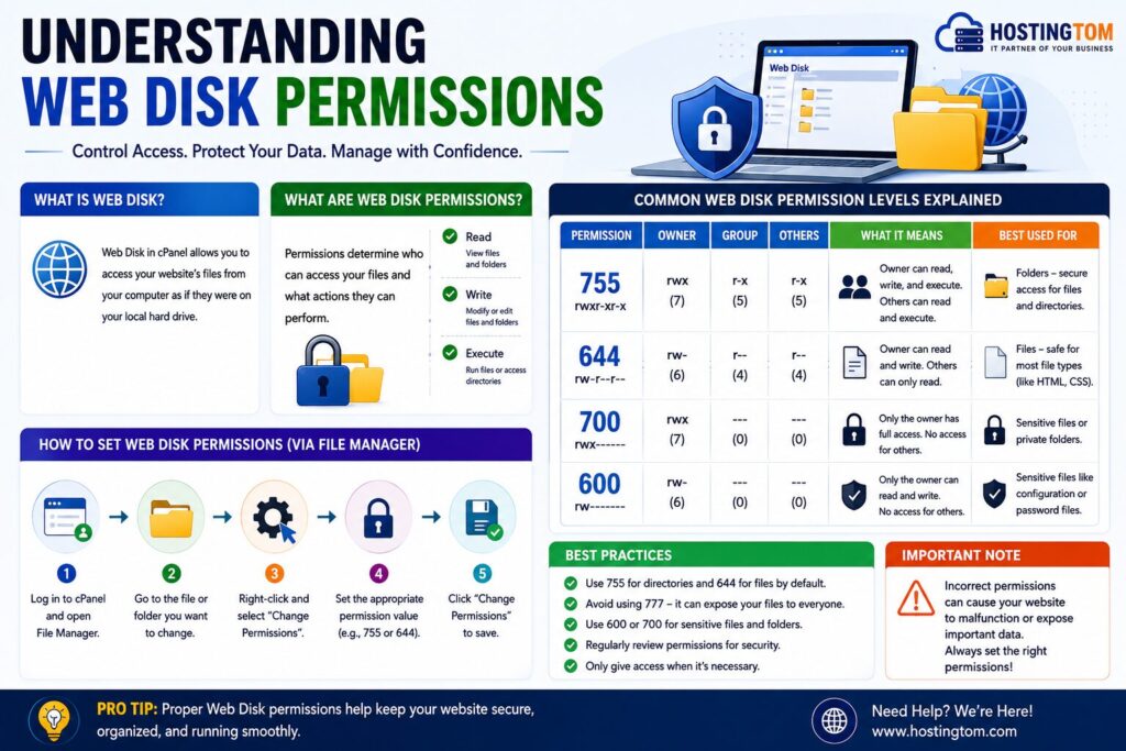 Understanding Web Disk Permissions in cPanel infographic explaining file permissions 755, 644, 700, and 600 with security best practices.