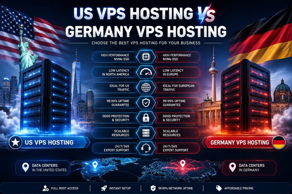 US VPS Hosting vs Germany VPS Hosting comparison infographic showing data centers, server performance, network speed, latency, security, NVMe SSD storage, and global connectivity.