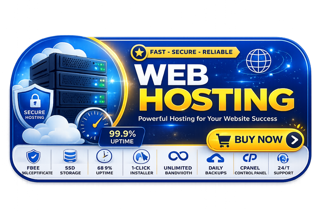 Web Hosting promotional banner with transparent background featuring SSD storage, free SSL certificate, 99.9% uptime, one-click installer, daily backups, cPanel, unlimited bandwidth, and 24/7 expert support.