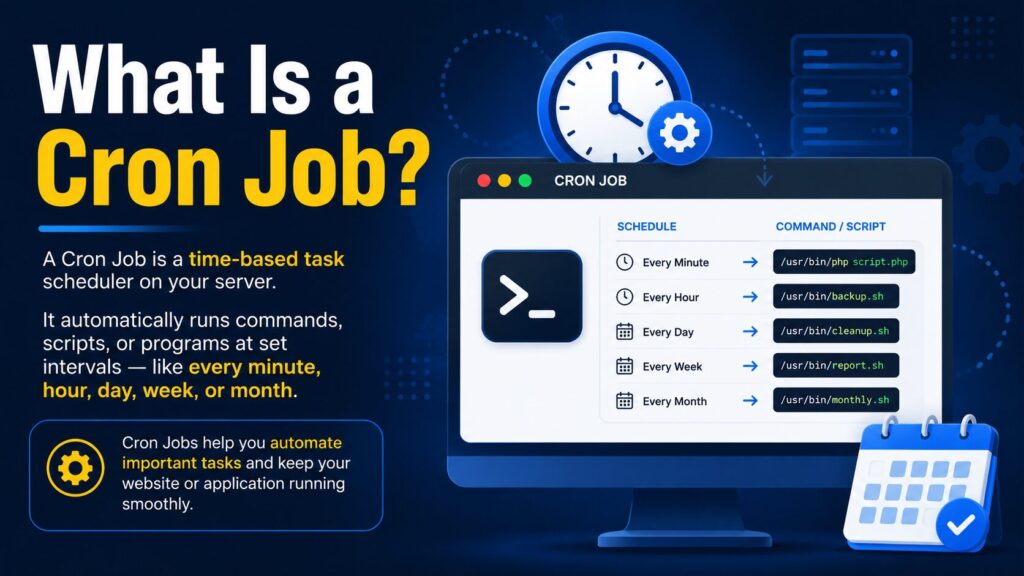 What Is a Cron Job infographic explaining how cron jobs automate scheduled tasks in cPanel hosting.
