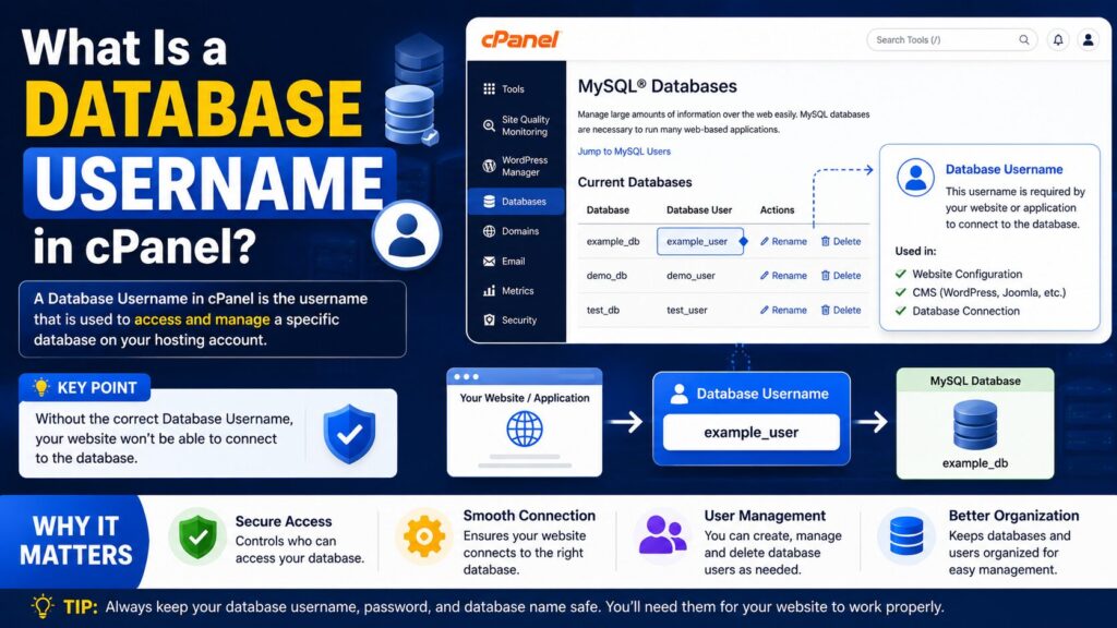 Illustration explaining what a database username is in cPanel and how it connects a website to a MySQL database.
