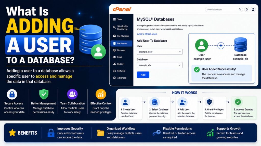 Illustration showing how to add a database user to a MySQL database in cPanel with user permissions and database access.