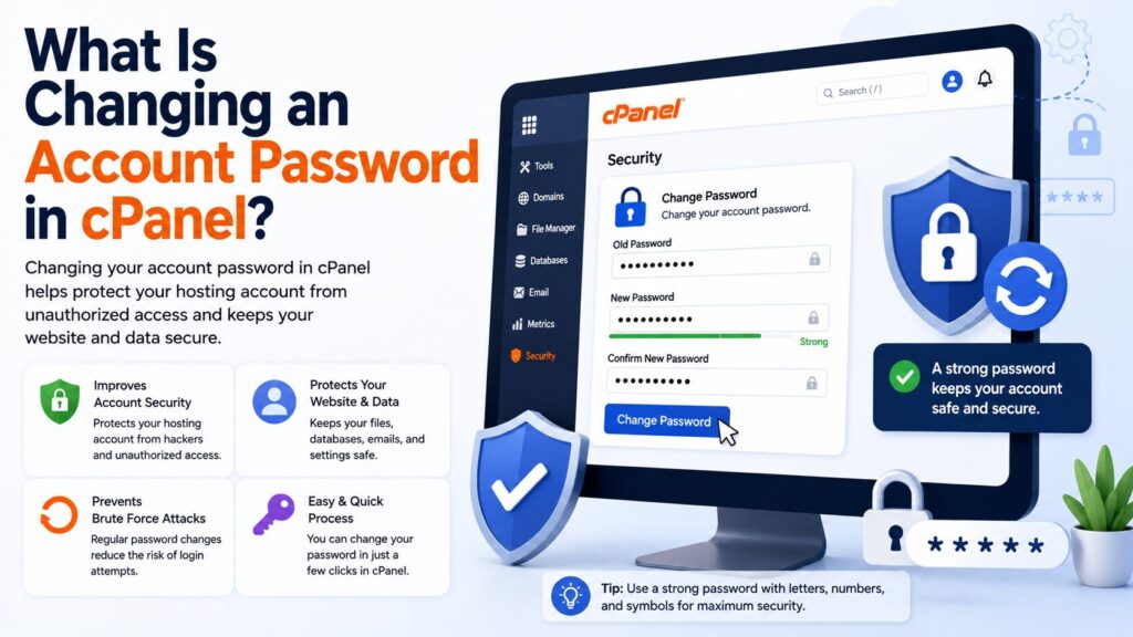 Illustration explaining how to change an account password in cPanel using the Change Password feature to improve website and hosting account security.