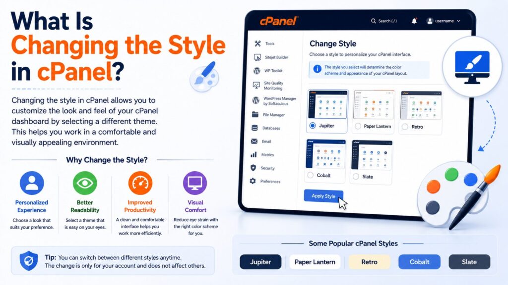 Illustration explaining how to change the cPanel style or theme, customize the dashboard appearance, and improve the user experience.