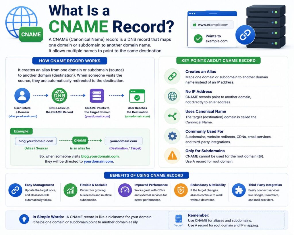 Infographic explaining what a CNAME record is, how it works, and how it maps a domain or subdomain to another domain in DNS.