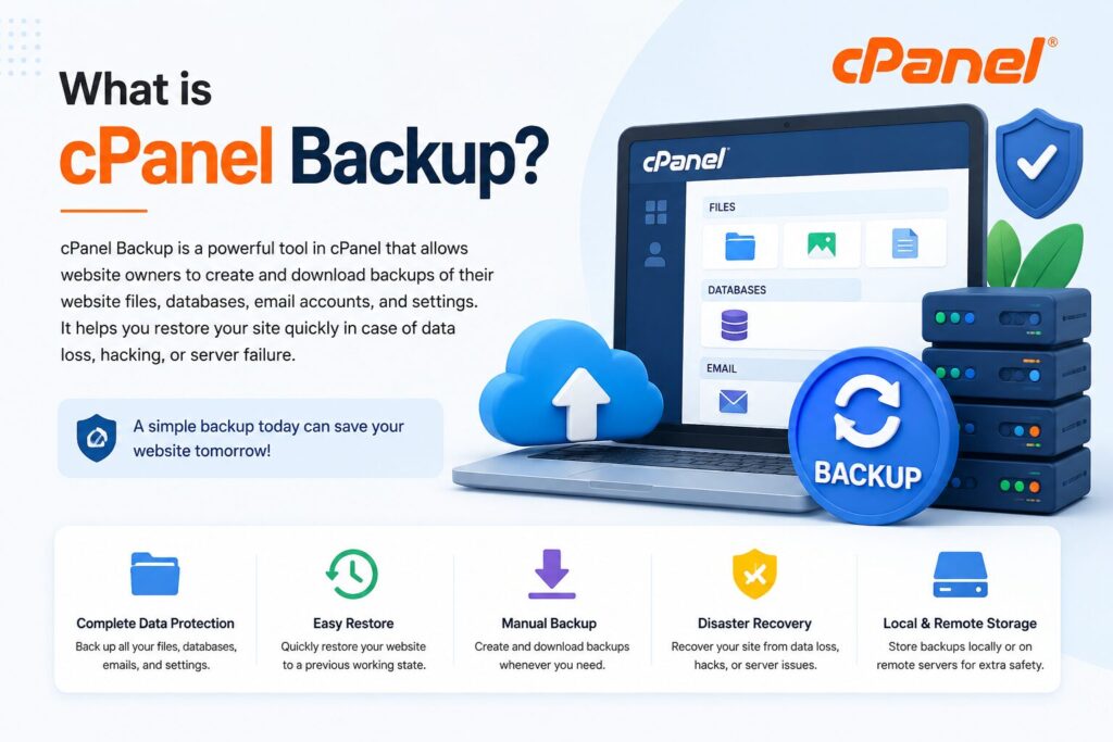 What is cPanel Backup? Illustration showing website backup, cloud storage, server protection, and data recovery in cPanel.