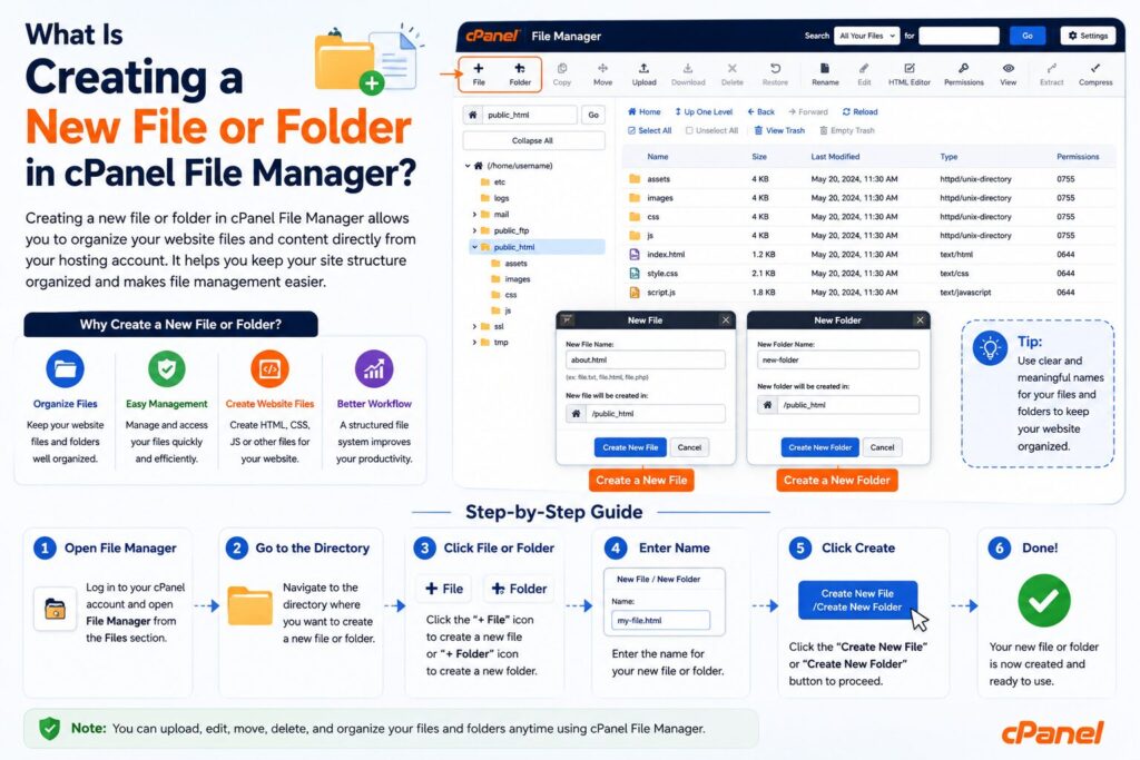 Illustration showing how to create a new file or folder in cPanel File Manager using the File and Folder options to organize website files.