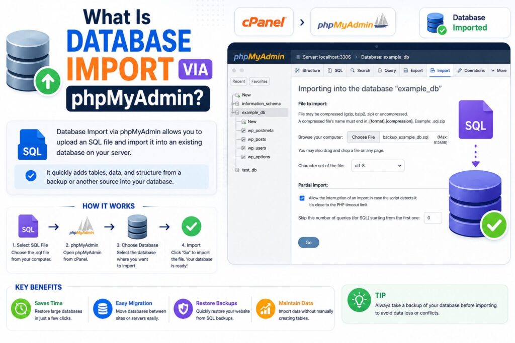 Illustration explaining database import via phpMyAdmin using an SQL file in cPanel.