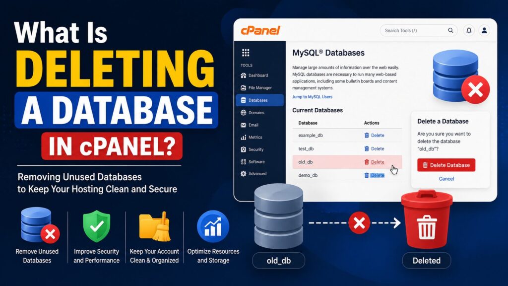 Illustration explaining what deleting a database in cPanel means and how it permanently removes MySQL database data.