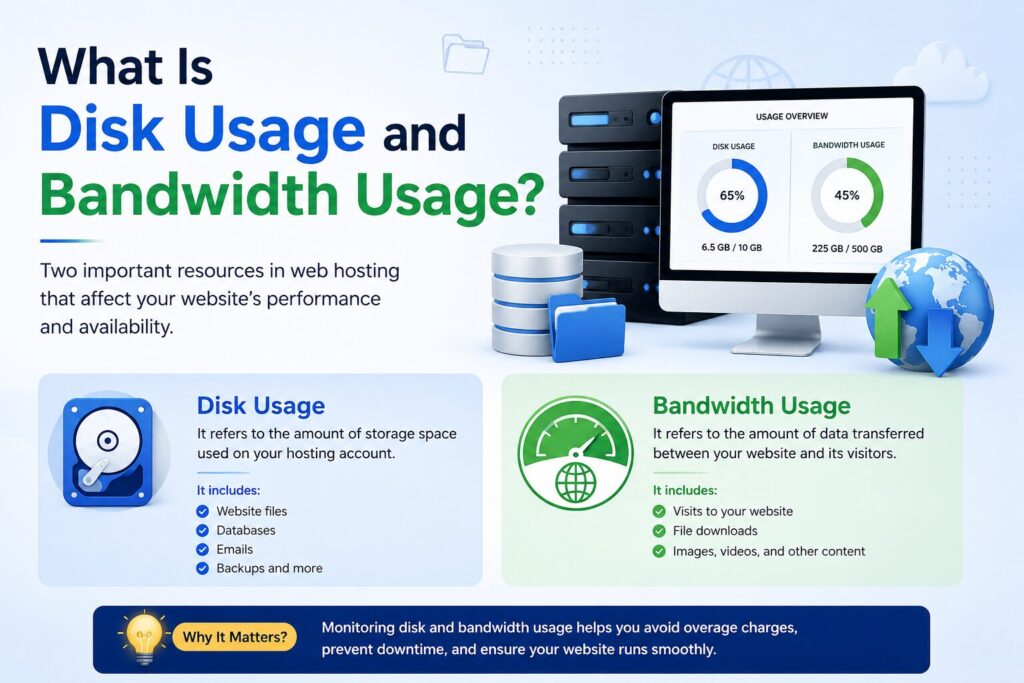 What is disk usage and bandwidth usage infographic showing web hosting storage space and website data transfer.