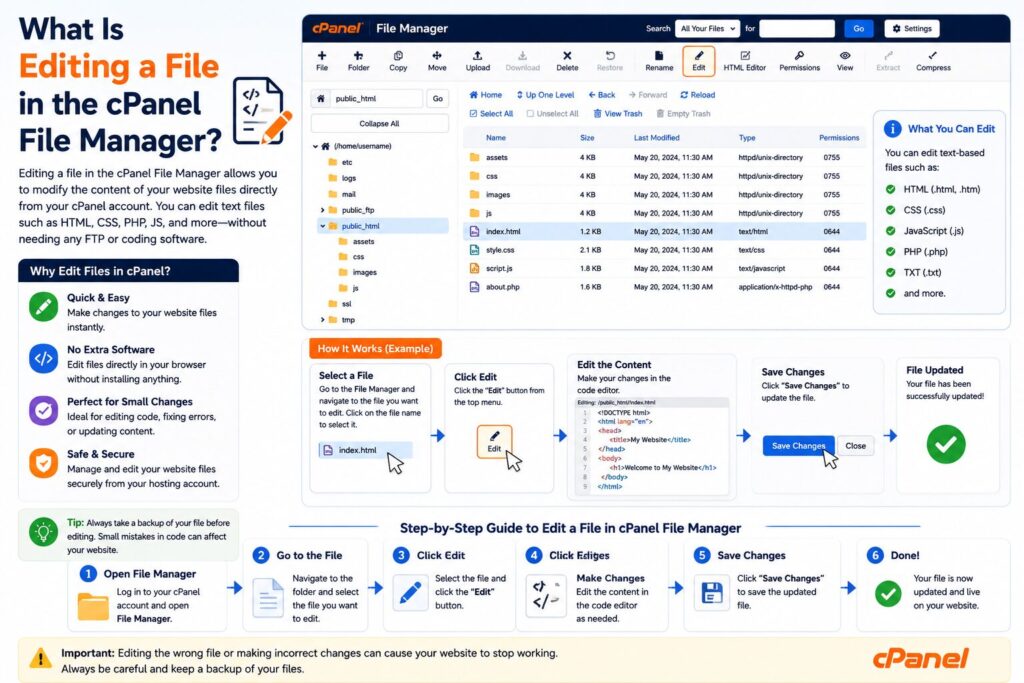 Illustration showing how to edit a file in the cPanel File Manager using the built-in code editor to modify website files.