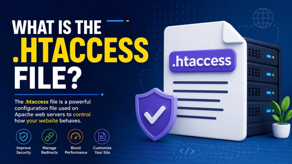 Illustration explaining what the .htaccess file is and how it controls Apache web server settings, redirects, security, and website performance.