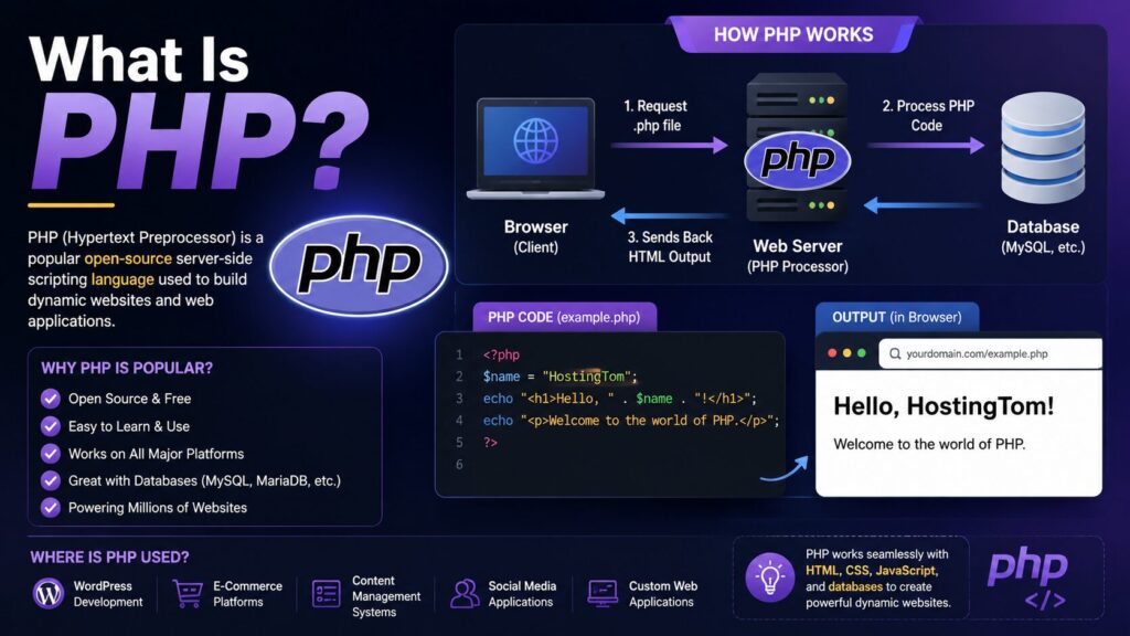 Illustration explaining what PHP is, how it works on a web server, and how it creates dynamic websites and web applications.