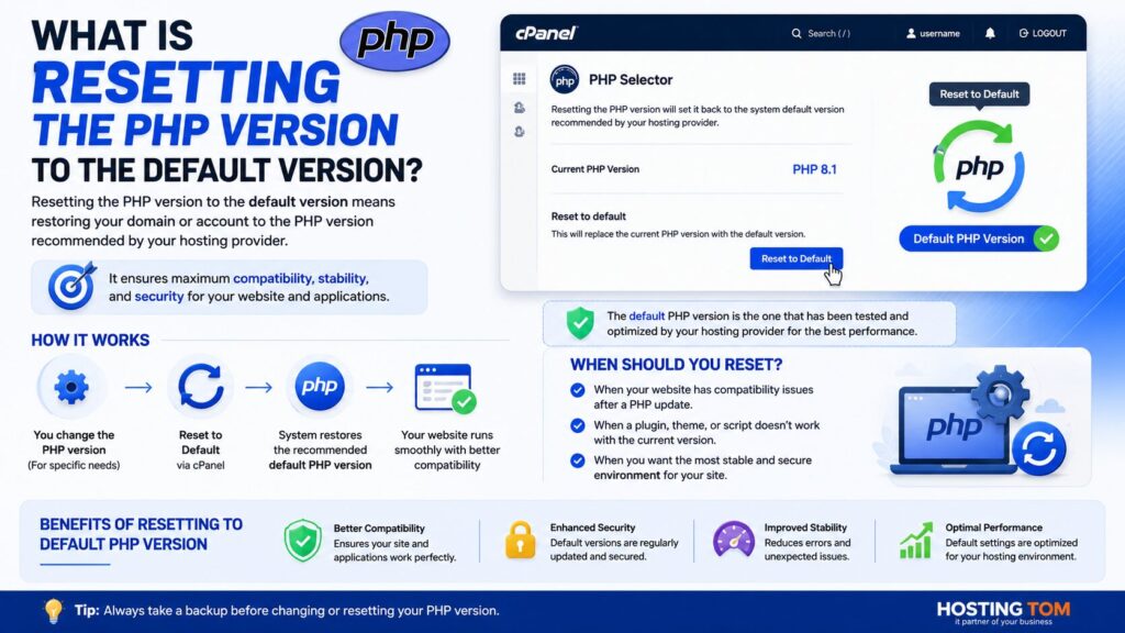 Illustration explaining what resetting the PHP version to the default version means in cPanel and how it restores the recommended PHP configuration.
