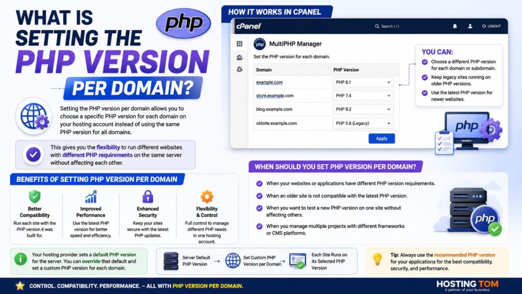 Illustration explaining how to set a different PHP version for each domain using cPanel MultiPHP Manager.