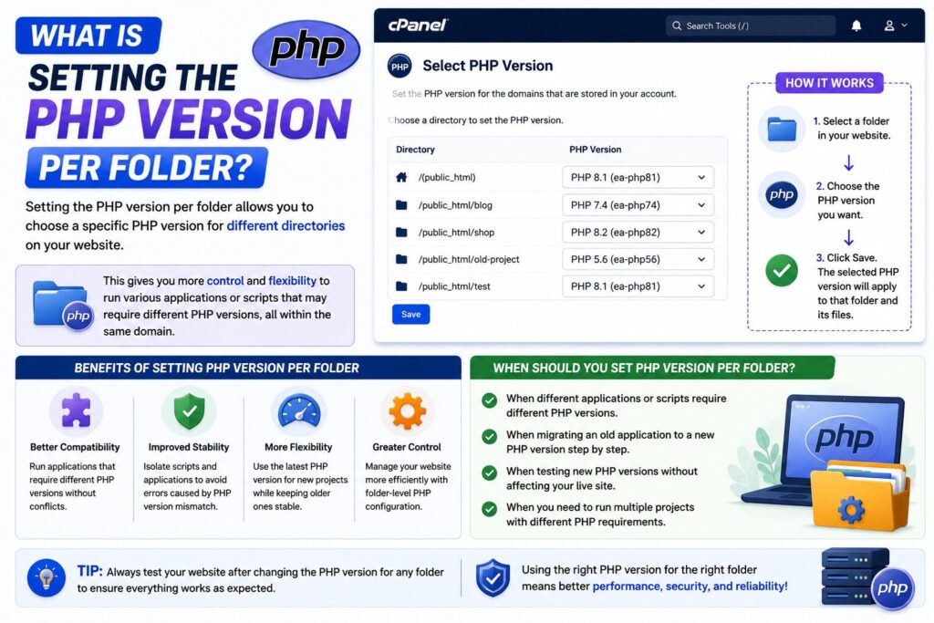 Illustration explaining how to assign a different PHP version to a specific folder or directory using cPanel.