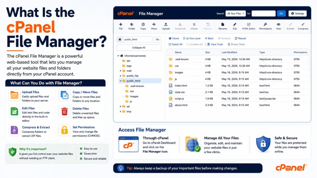Illustration explaining the cPanel File Manager interface for managing website files, folders, uploads, permissions, and file editing.