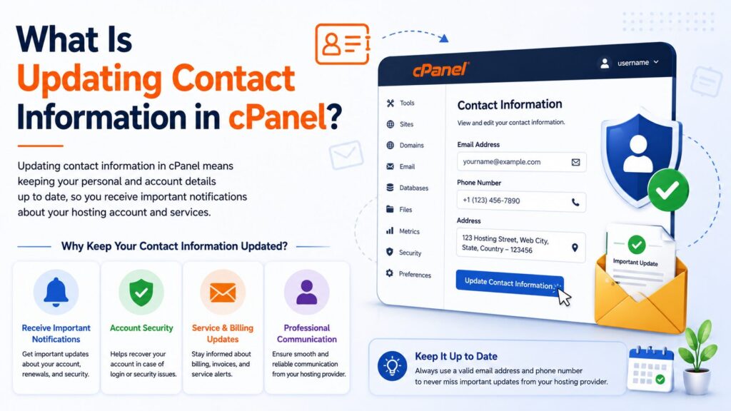 Illustration showing how to update contact information in cPanel, including email address and phone number, to receive important hosting notifications and improve account security.