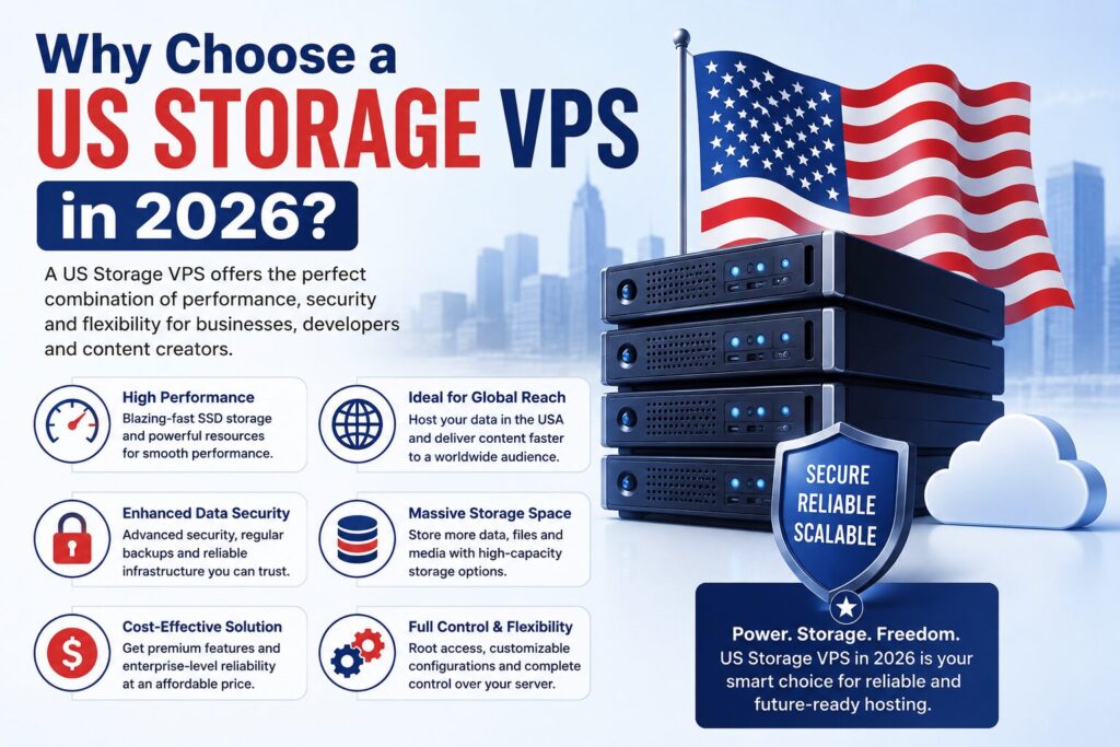 Why Choose a US Storage VPS in 2026 infographic showing secure high-capacity VPS hosting with fast SSD storage and scalable cloud infrastructure.