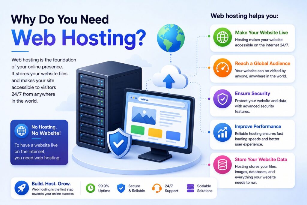 Why do you need web hosting infographic explaining website hosting benefits including uptime, security, performance, and data storage.