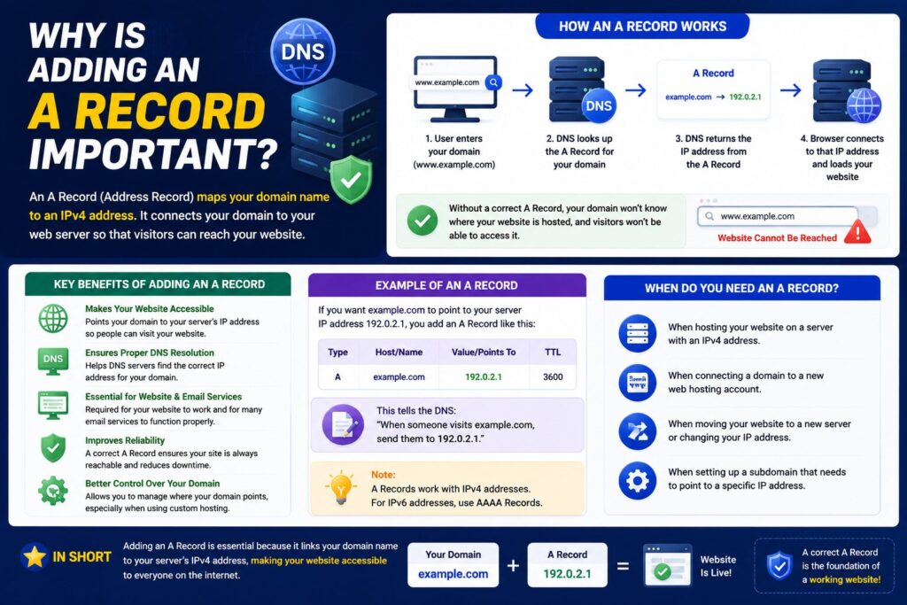 Illustration explaining why adding an A Record is important for connecting a domain name to a web server's IPv4 address.